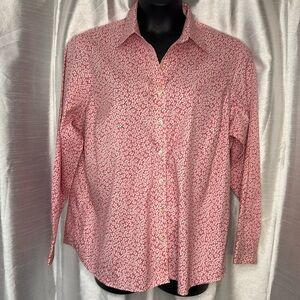 Lands’ End Women’s 20W Pink White Floral Microprint No Iron Pinpoint Oxford Top